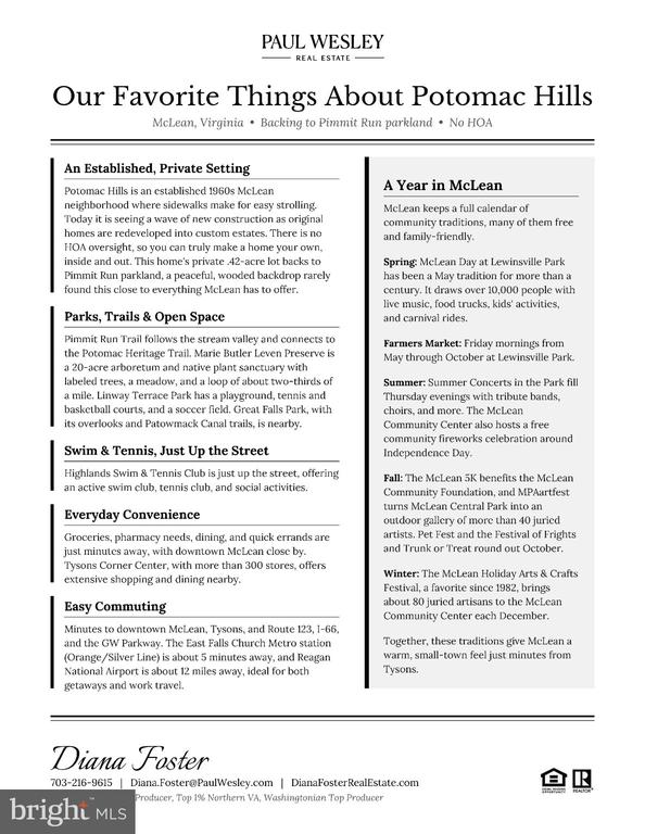 Potomac Hills neighborhood guide describing local amenities, commuting, and seasonal events in McLean.