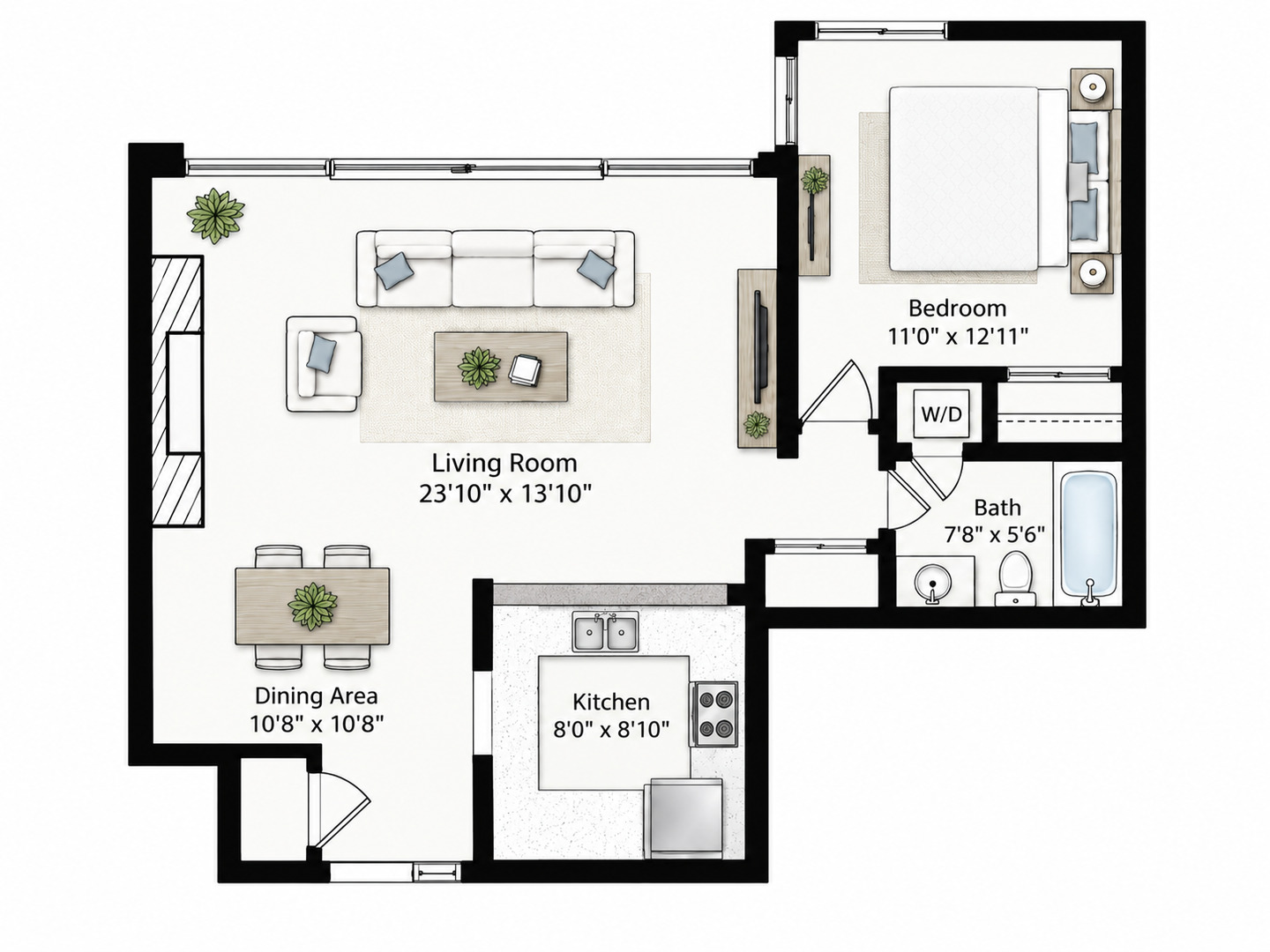 One-bedroom residence floor plan with furnished living and dining areas, kitchen, bath, and washer/dryer.