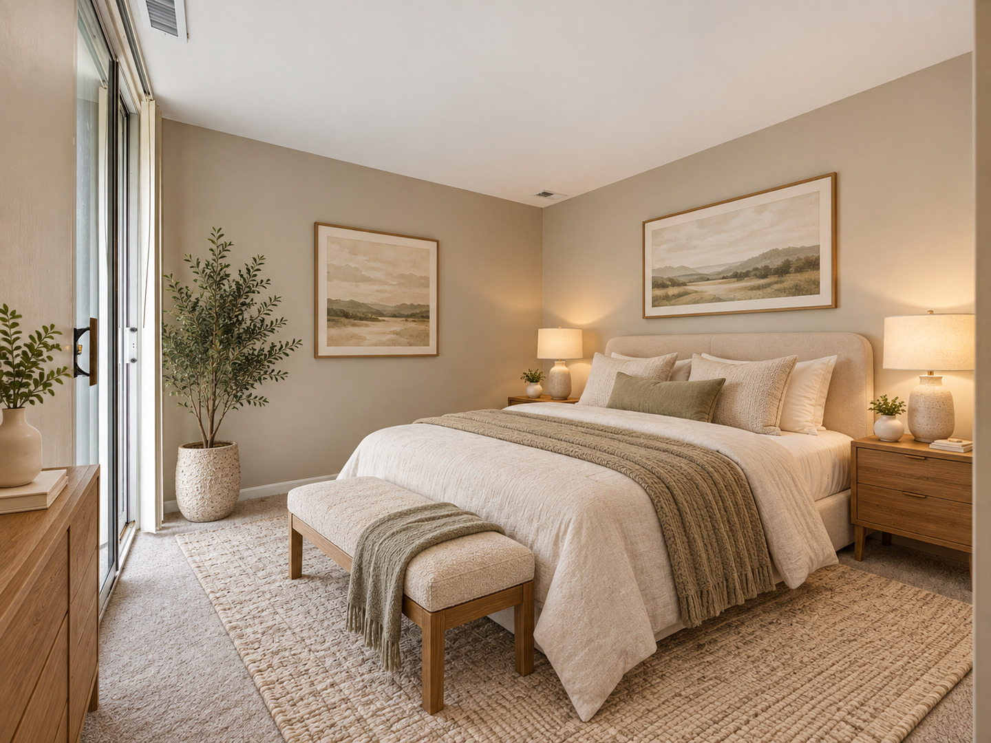 Staged bedroom with a cream upholstered bed, landscape prints, wood nightstands, and sliding glass door.