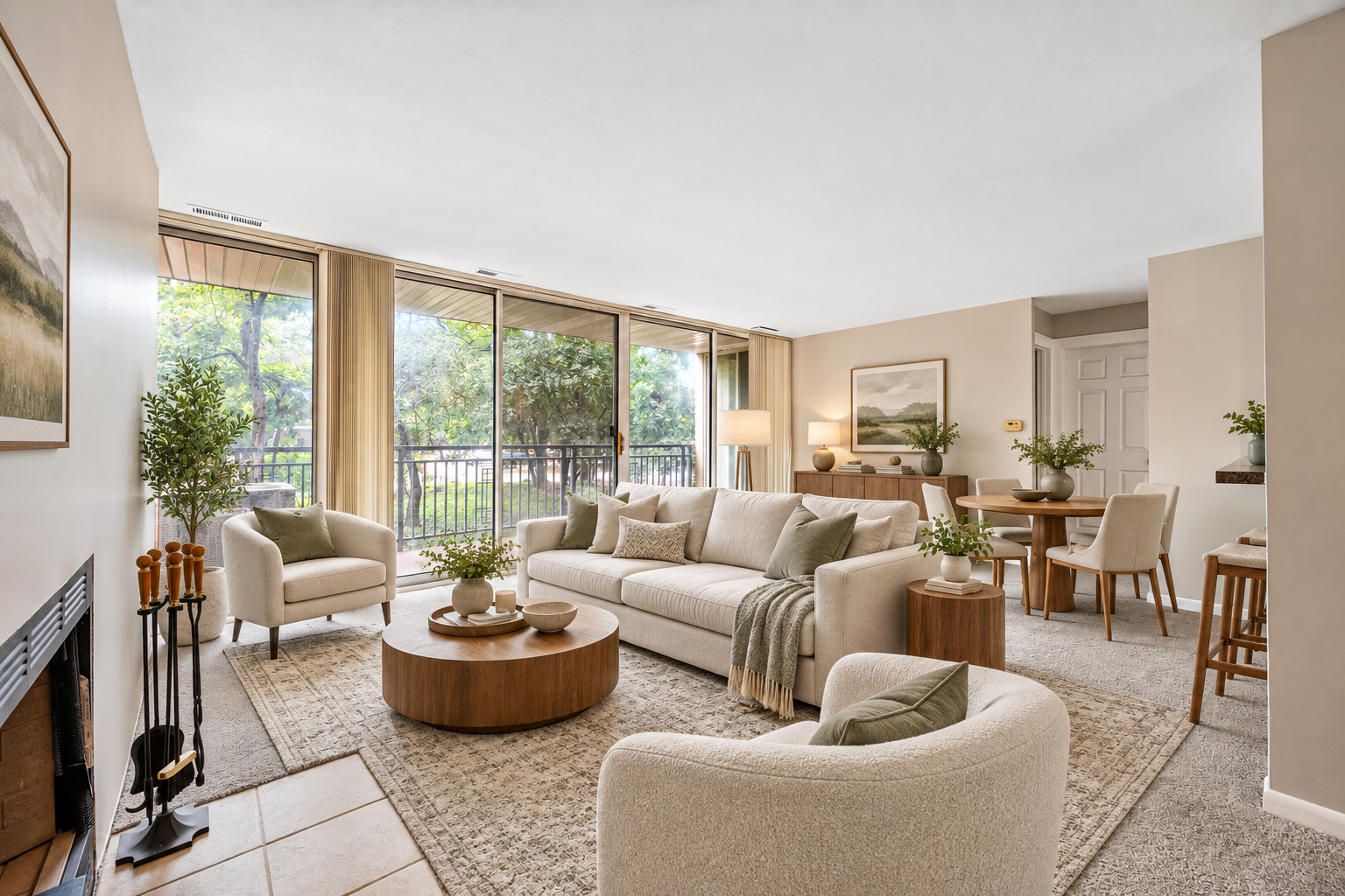 Staged condo living room with sliding glass doors to a tree-lined balcony and a fireplace.
