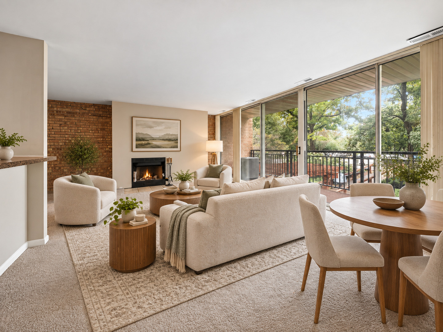 Furnished living room with a fireplace and floor-to-ceiling windows overlooking a leafy balcony.