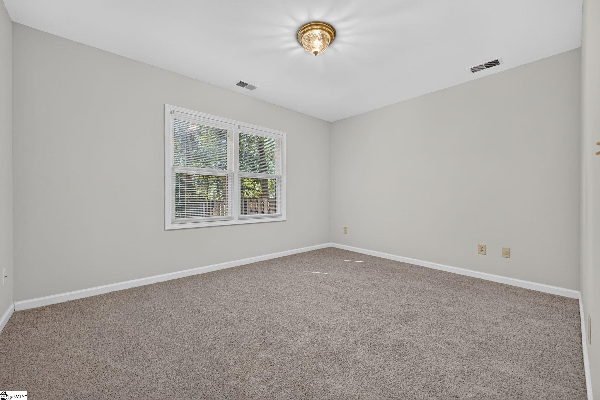 Vacant bedroom with beige carpet, two windows with blinds, and a flush-mount ceiling light.