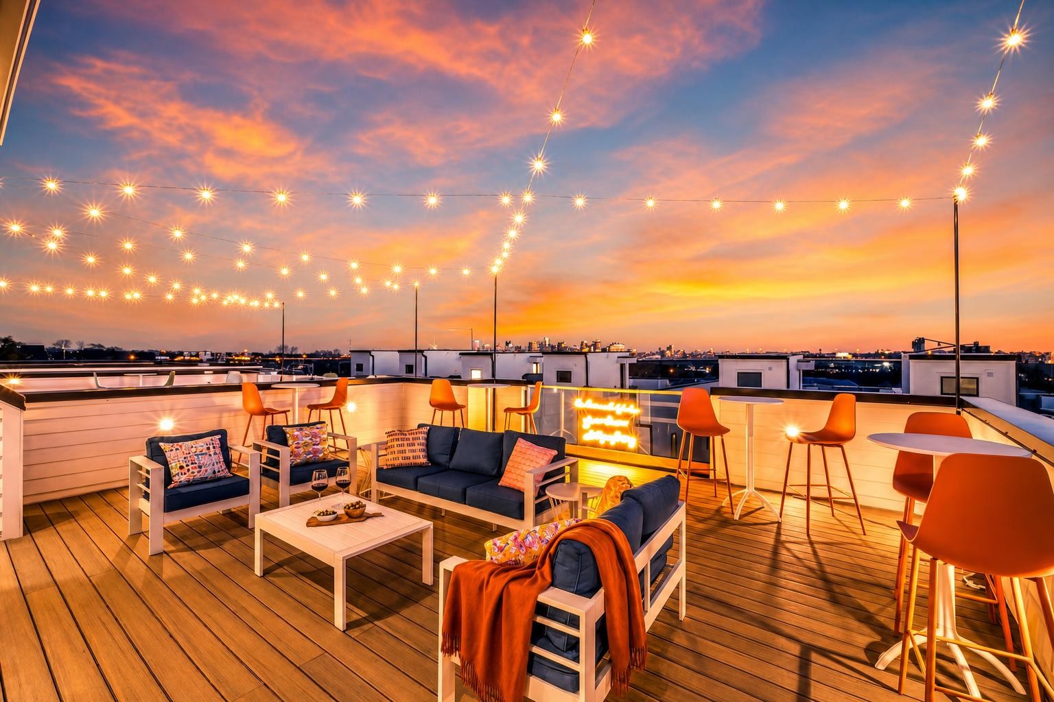 Rooftop terrace with lounge seating and string lights overlooking the city at dusk