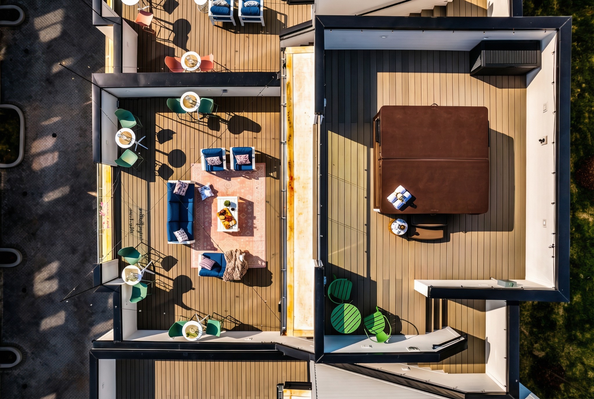Furnished rooftop decks with a blue lounge area beside a large outdoor dining table.