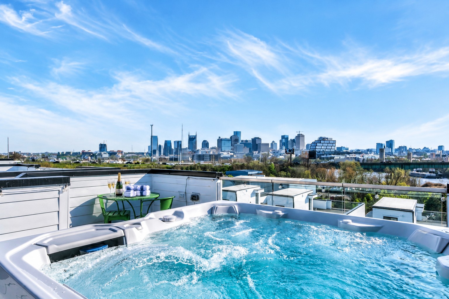Rooftop hot tub and terrace overlooking the Nashville skyline.