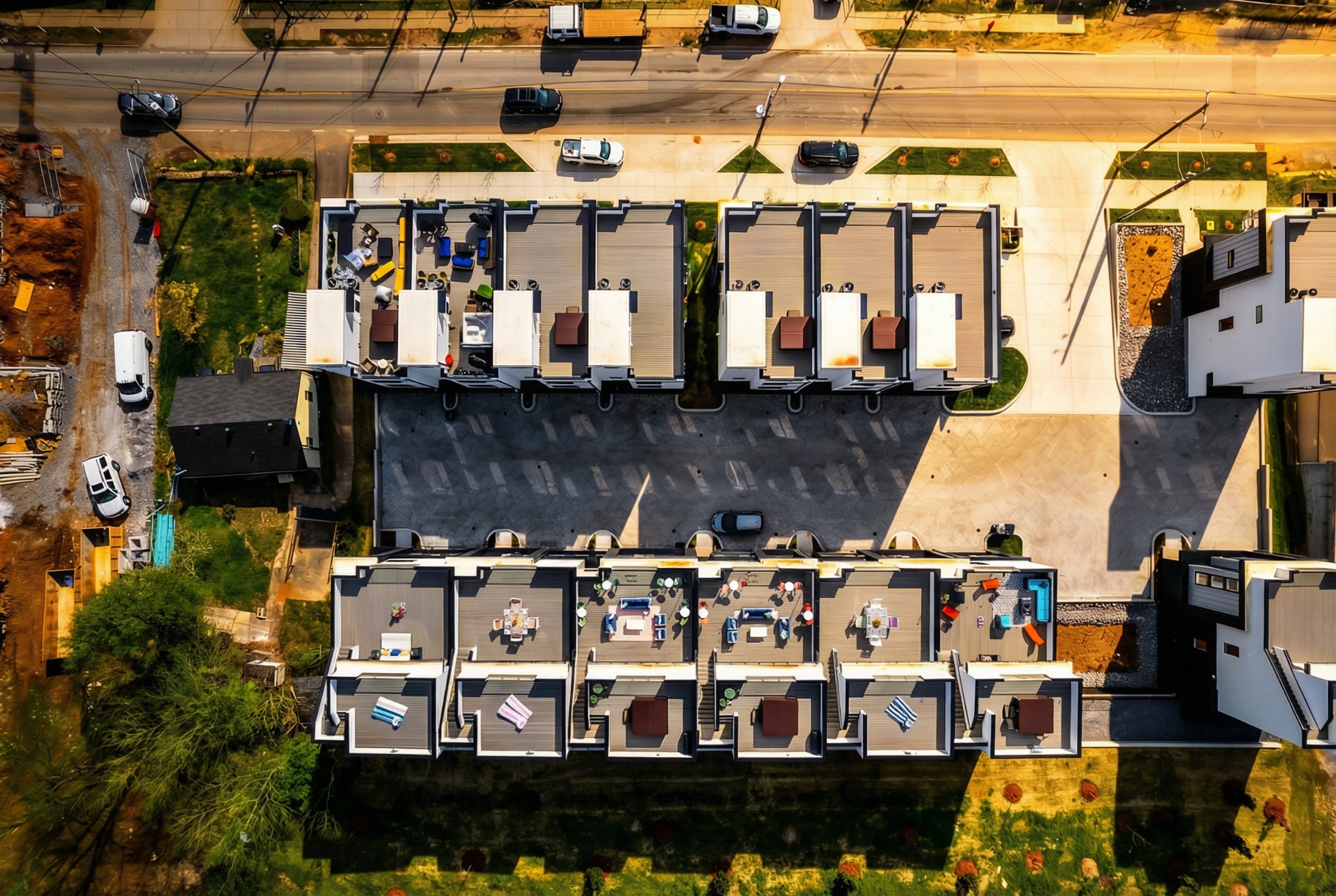 Aerial view of attached townhouses with furnished rooftop patios around a central parking court.