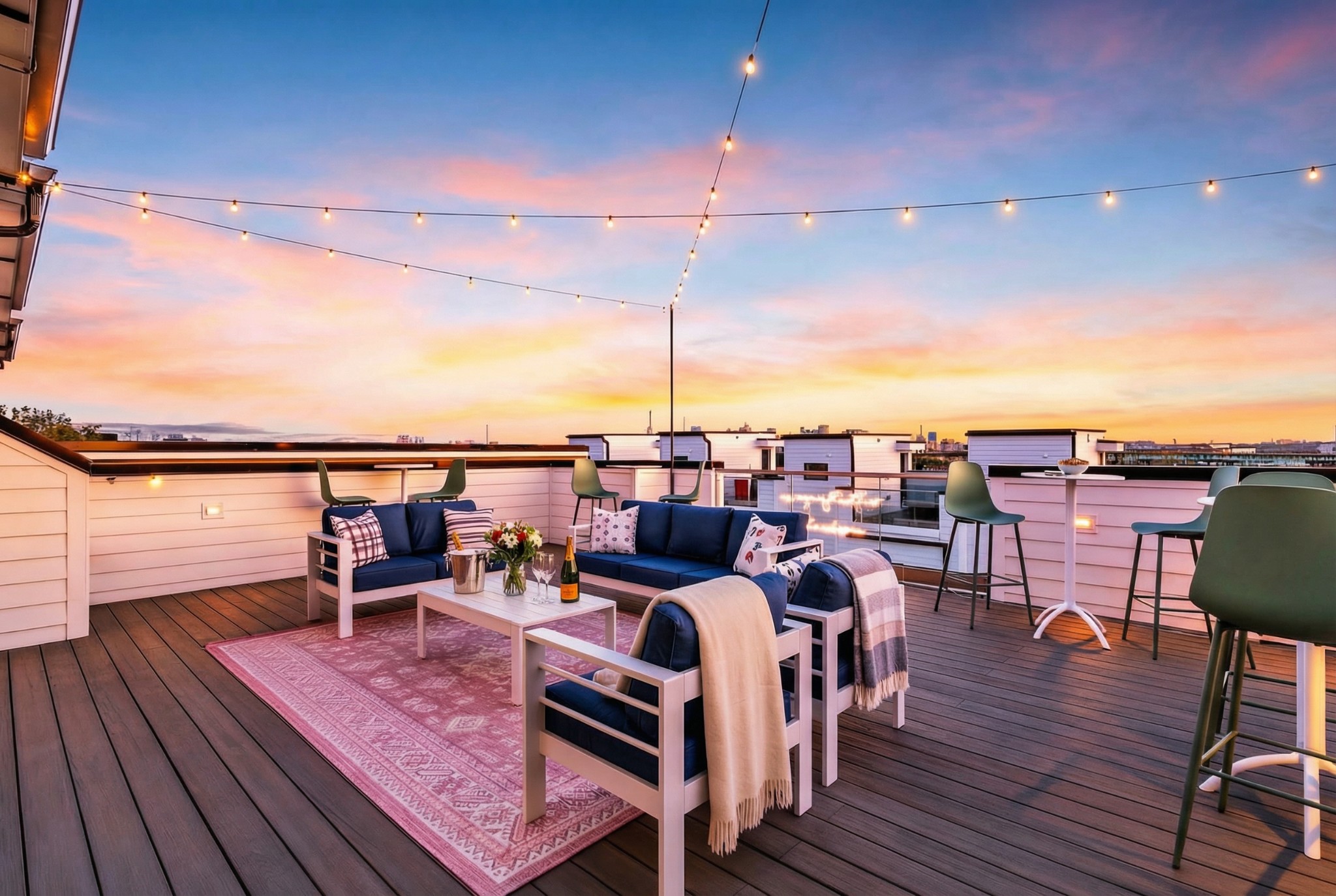 Furnished rooftop deck with blue seating, string lights, and a sunset view over nearby buildings.