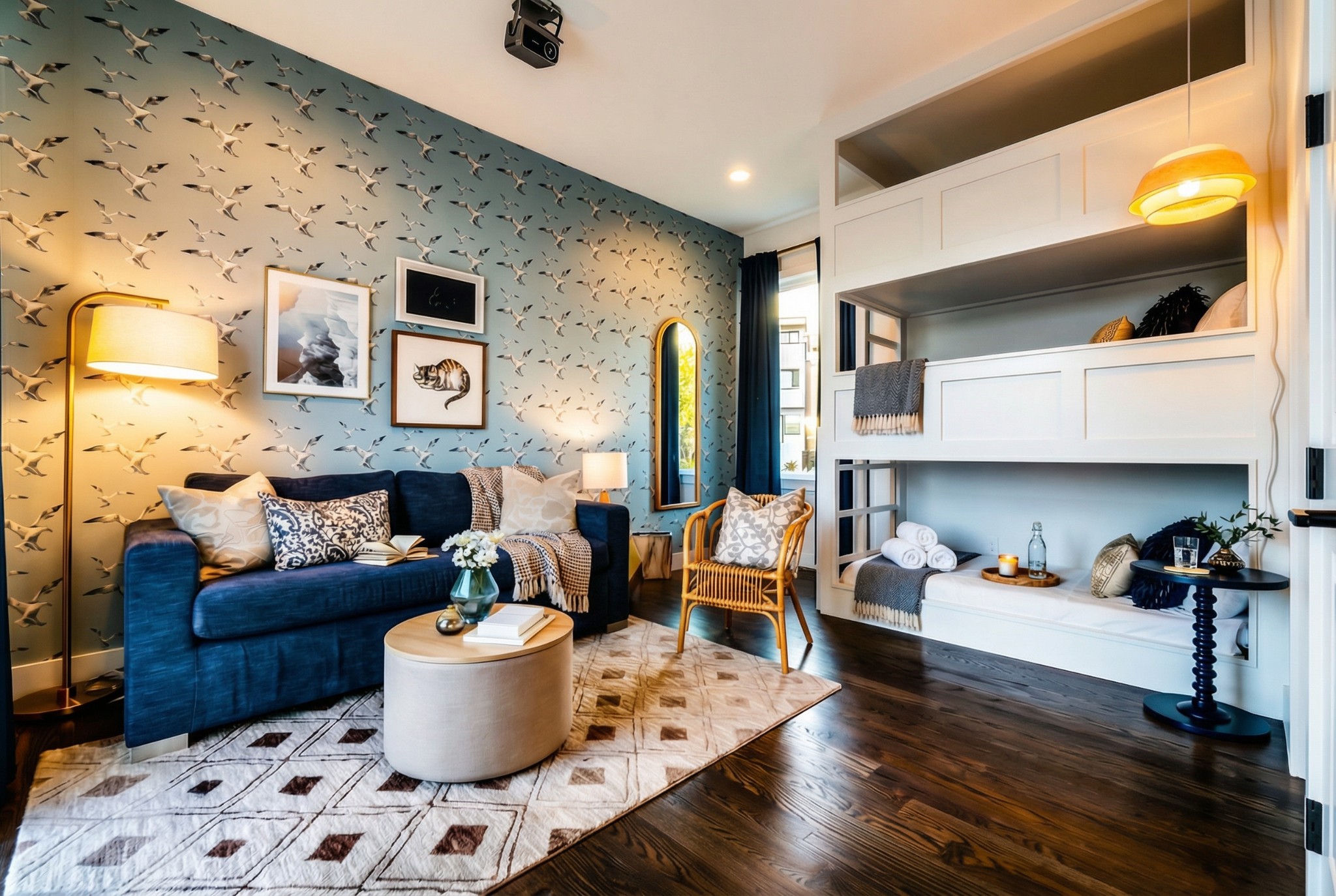 Living room with bird-patterned wallpaper, a navy sofa, and a white built-in bunk bed.