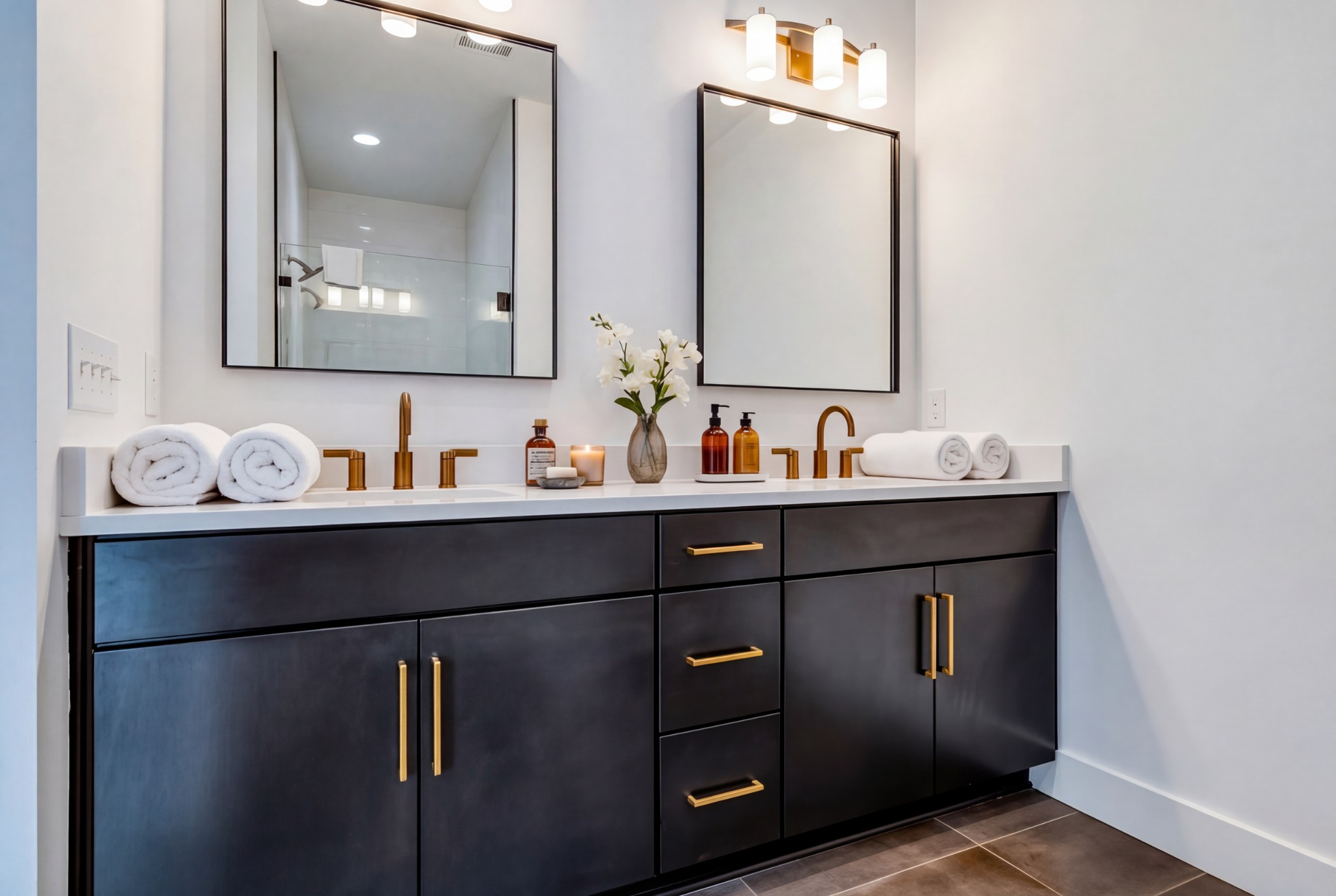 Bathroom vanity with dark cabinets, gold hardware, twin mirrors, and rolled white towels.