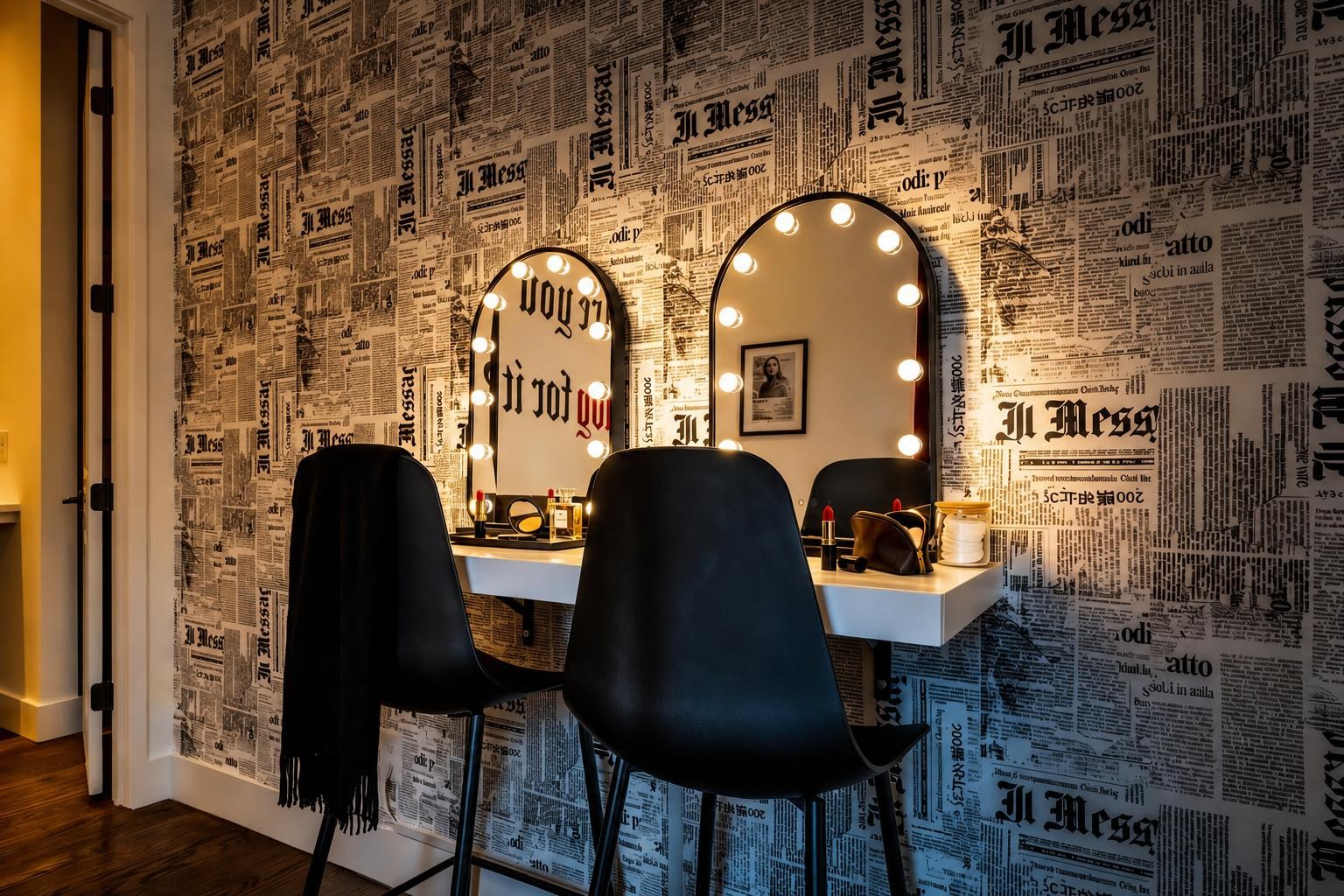 Dressing area with lit vanity mirrors, black chairs, and newspaper-print wallpaper.