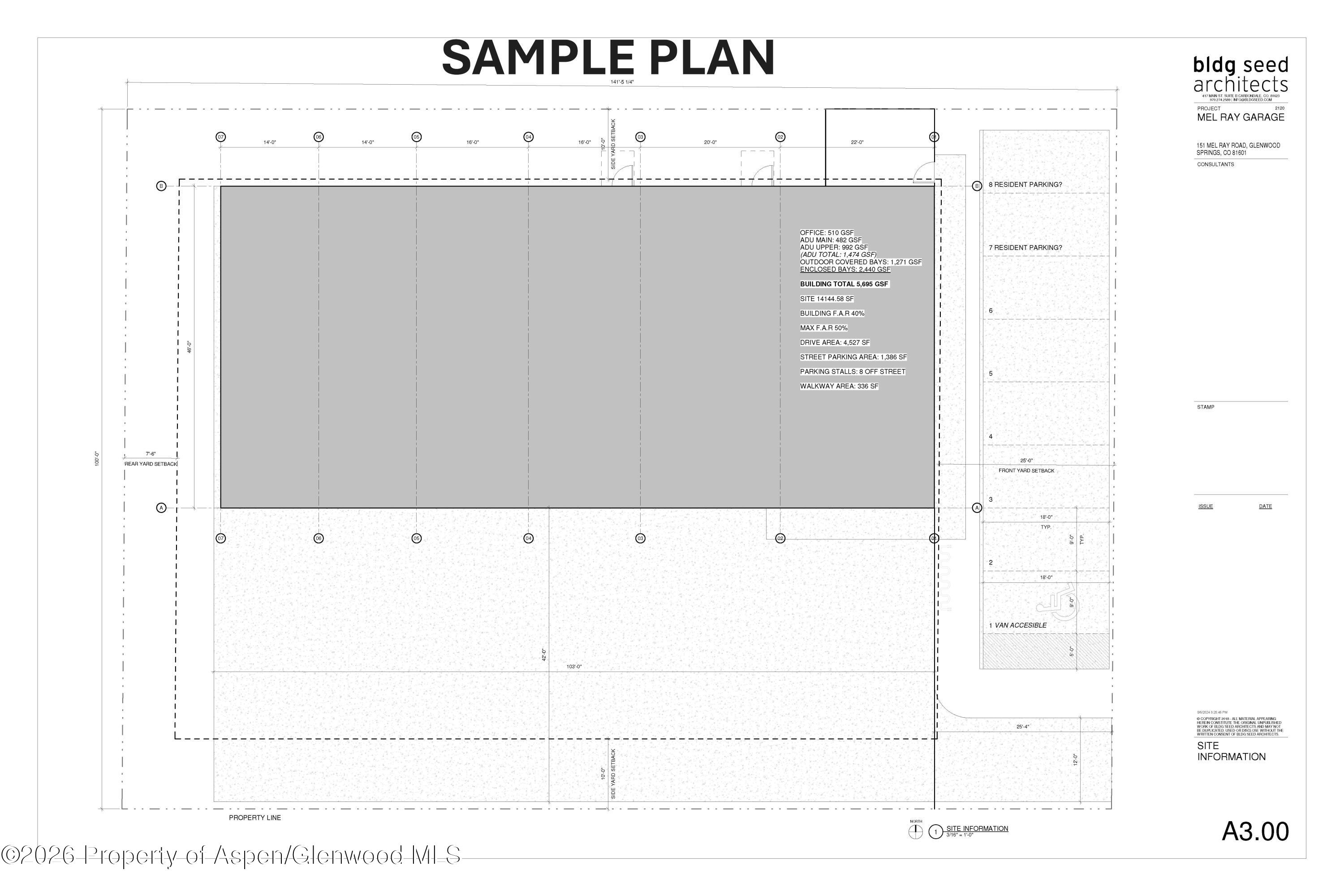 Site plan for the Mel Ray Garage showing its footprint, setbacks, dimensions, and resident parking.