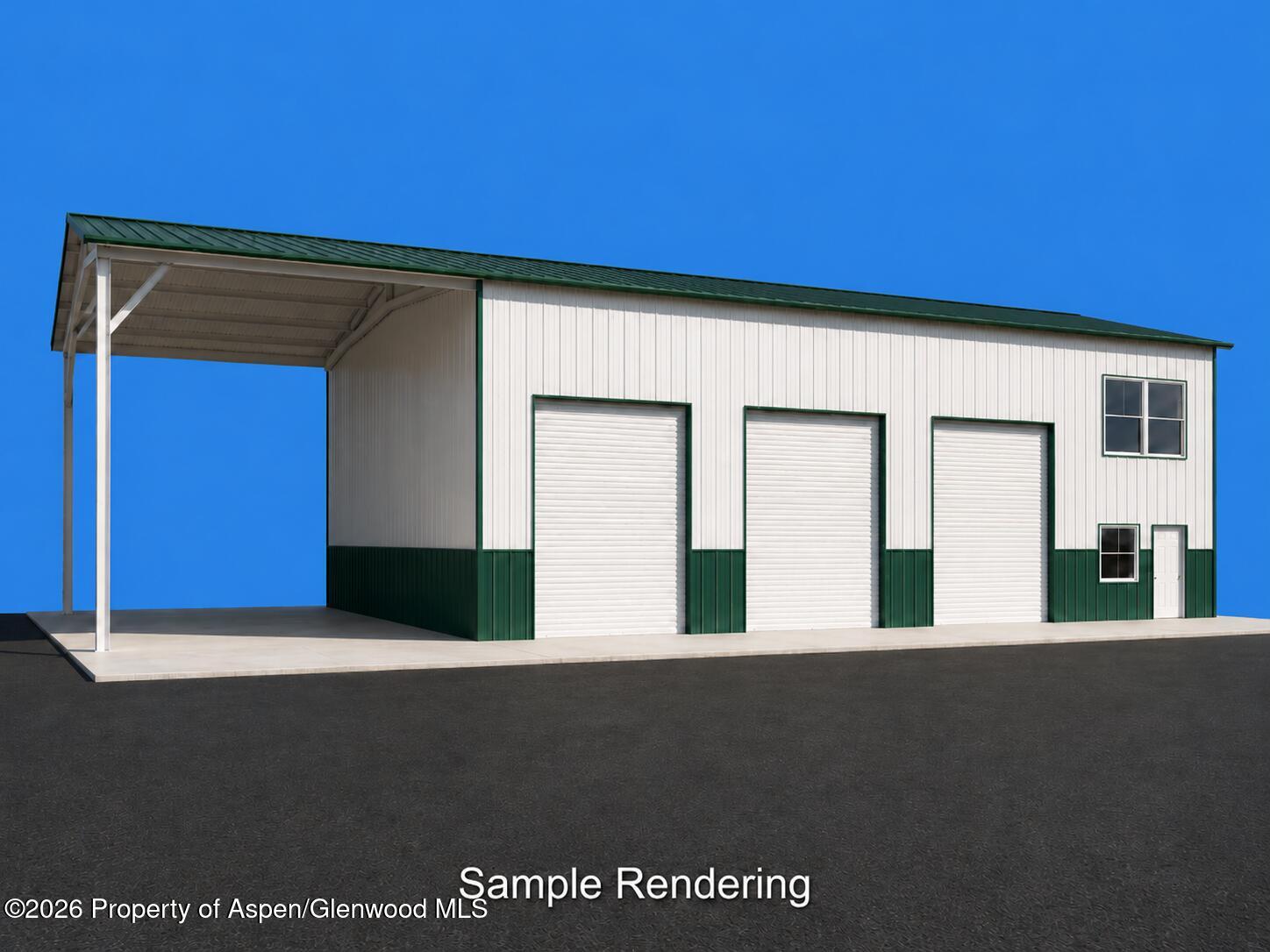 Rendered white-and-green metal building with three garage doors and a covered bay.