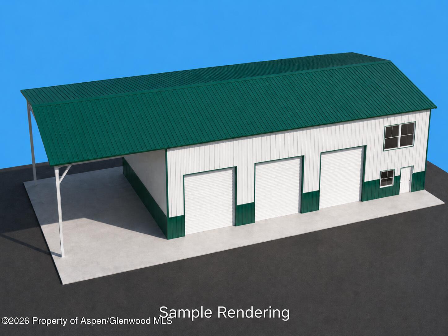 Rendered white metal workshop with green roof, three garage doors, and a covered side bay.