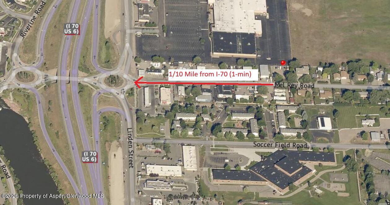 Aerial map showing Mel Rey Road and its proximity to the I-70 and US 6 interchange.