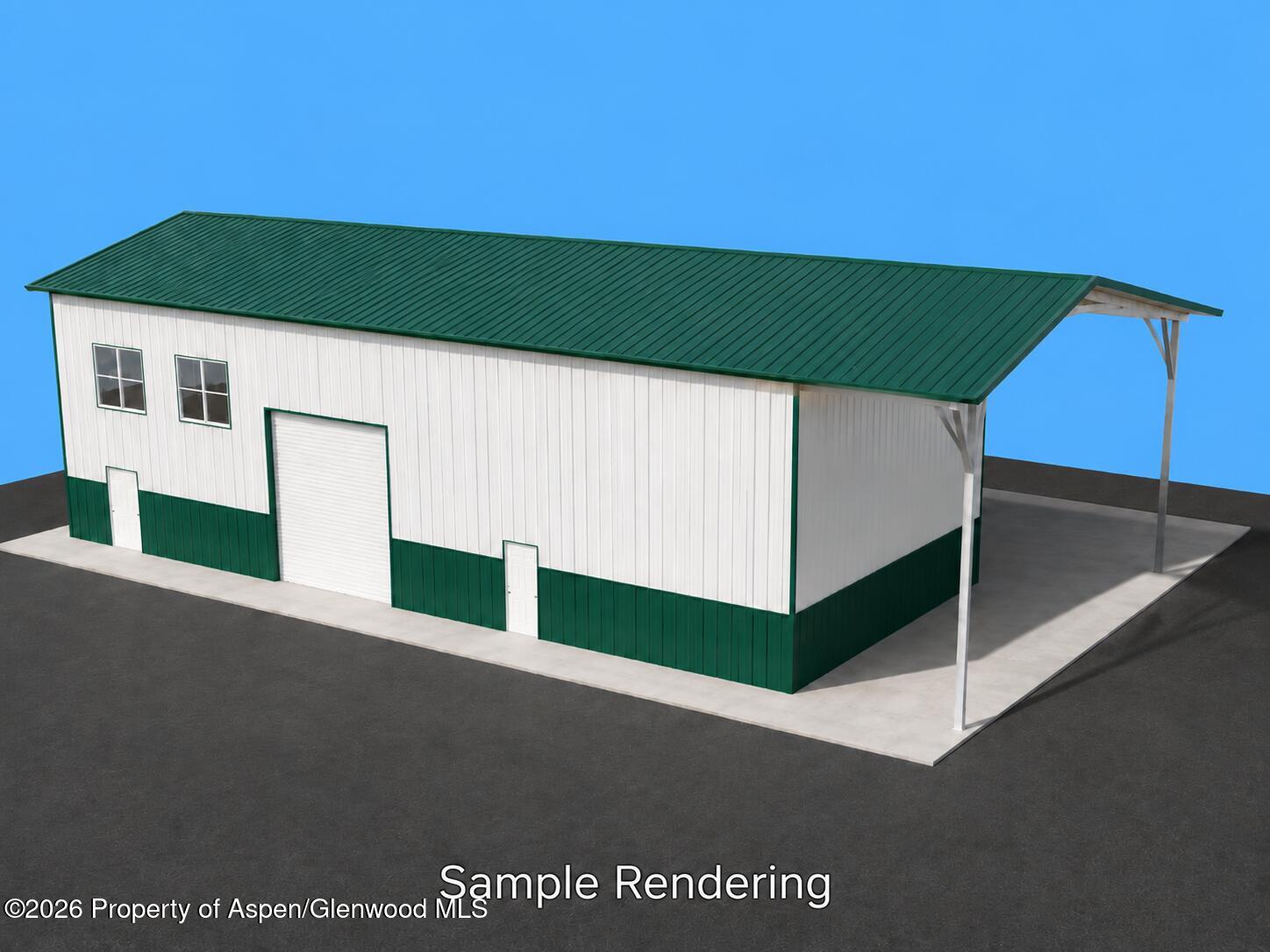 Rendered white-and-green metal outbuilding with a roll-up door and open-sided roof extension.
