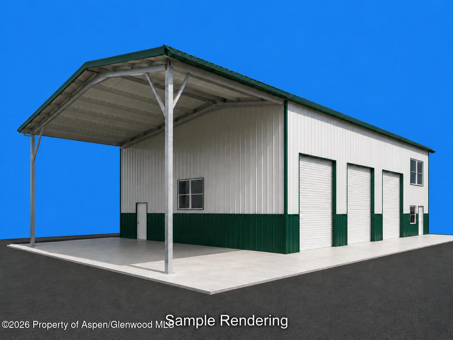 Metal warehouse with a deep covered canopy and three roll-up doors.