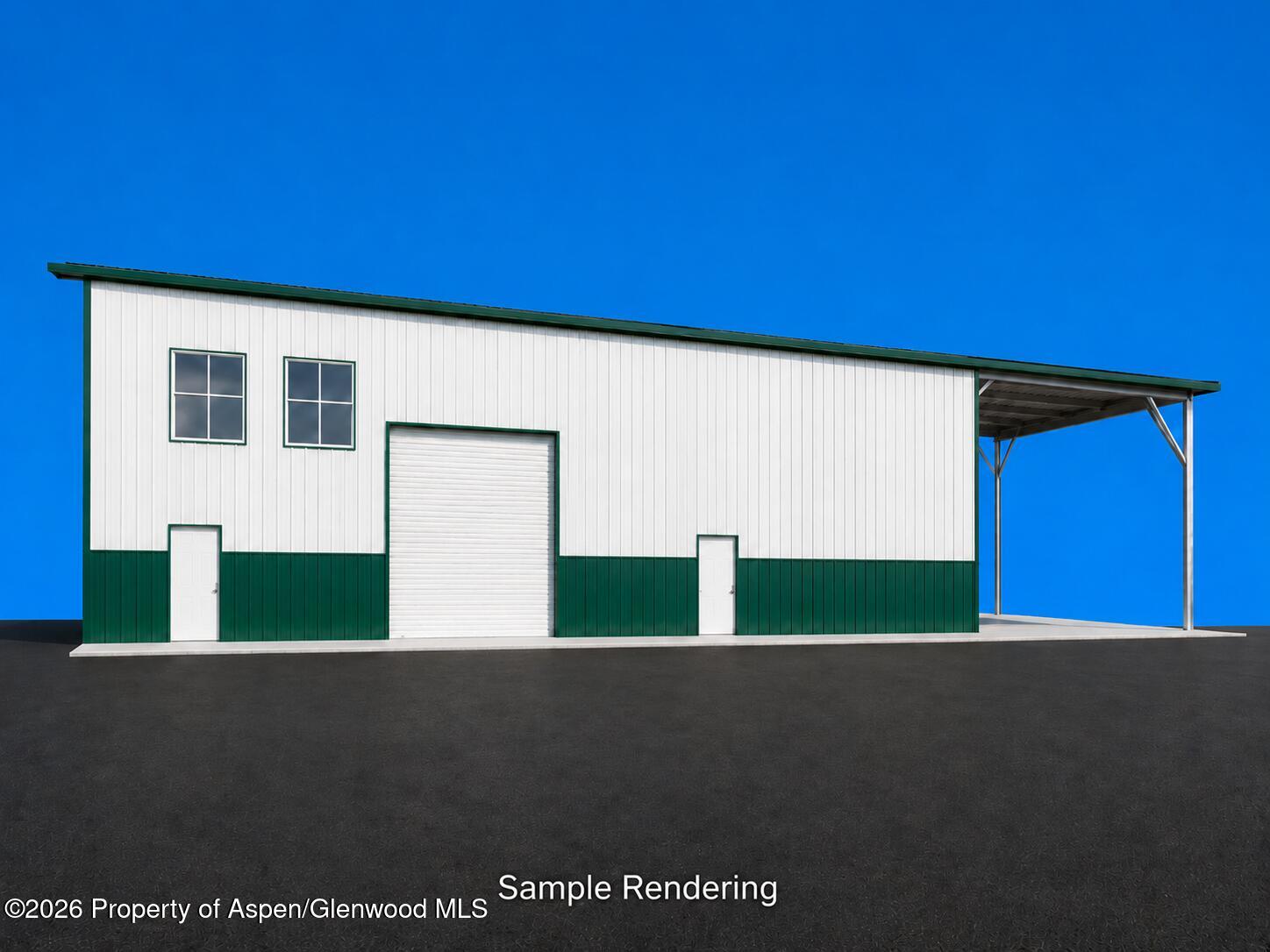 Rendered exterior of a white-and-green metal building with a large roll-up door and side canopy.