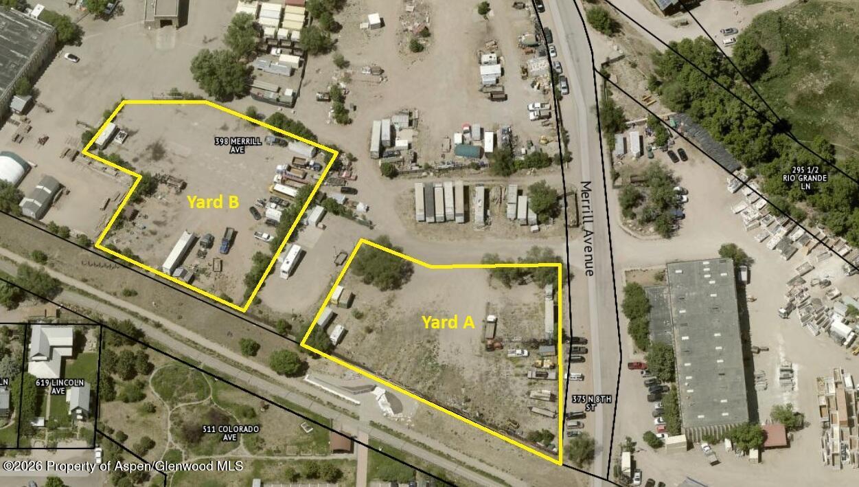 Aerial view of two gravel storage yards outlined in yellow, labeled Yard A and Yard B.