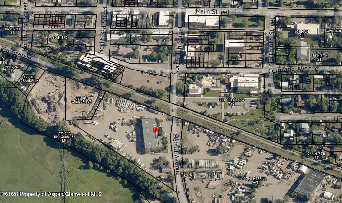 Aerial parcel map around 398 Merrill Avenue, with property boundaries, street labels, and a red location marker.