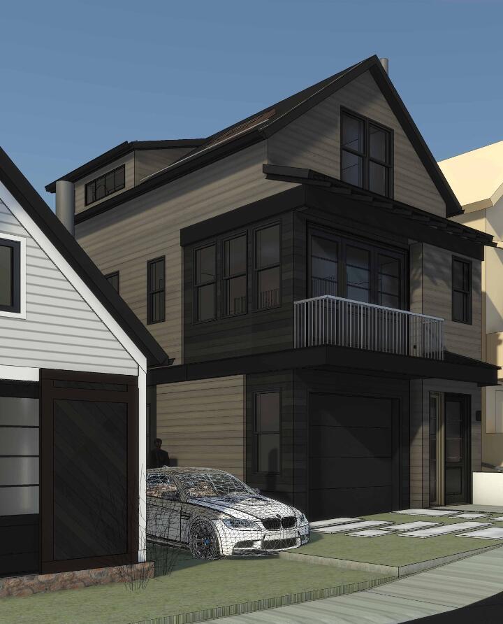 Architectural rendering of a modern multi-level home with a balcony and attached garage.