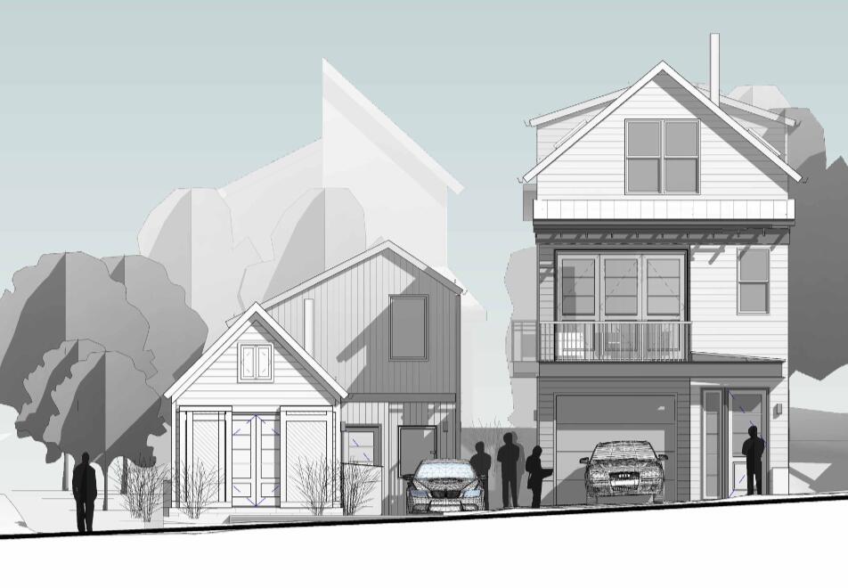 Architectural rendering of two gabled residences with balconies and garage doors.