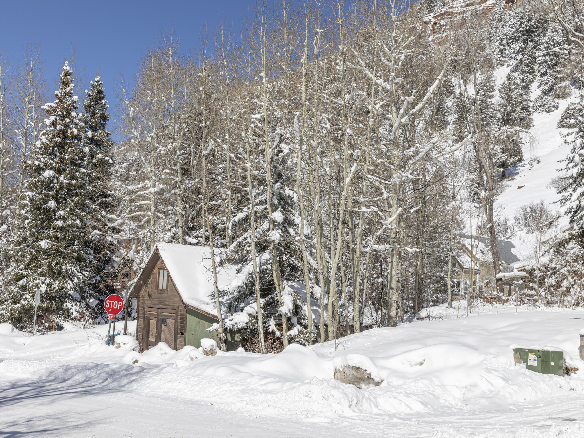 Snow-covered wood-sided house partly hidden among trees, beside a stop sign and snowy hillside.