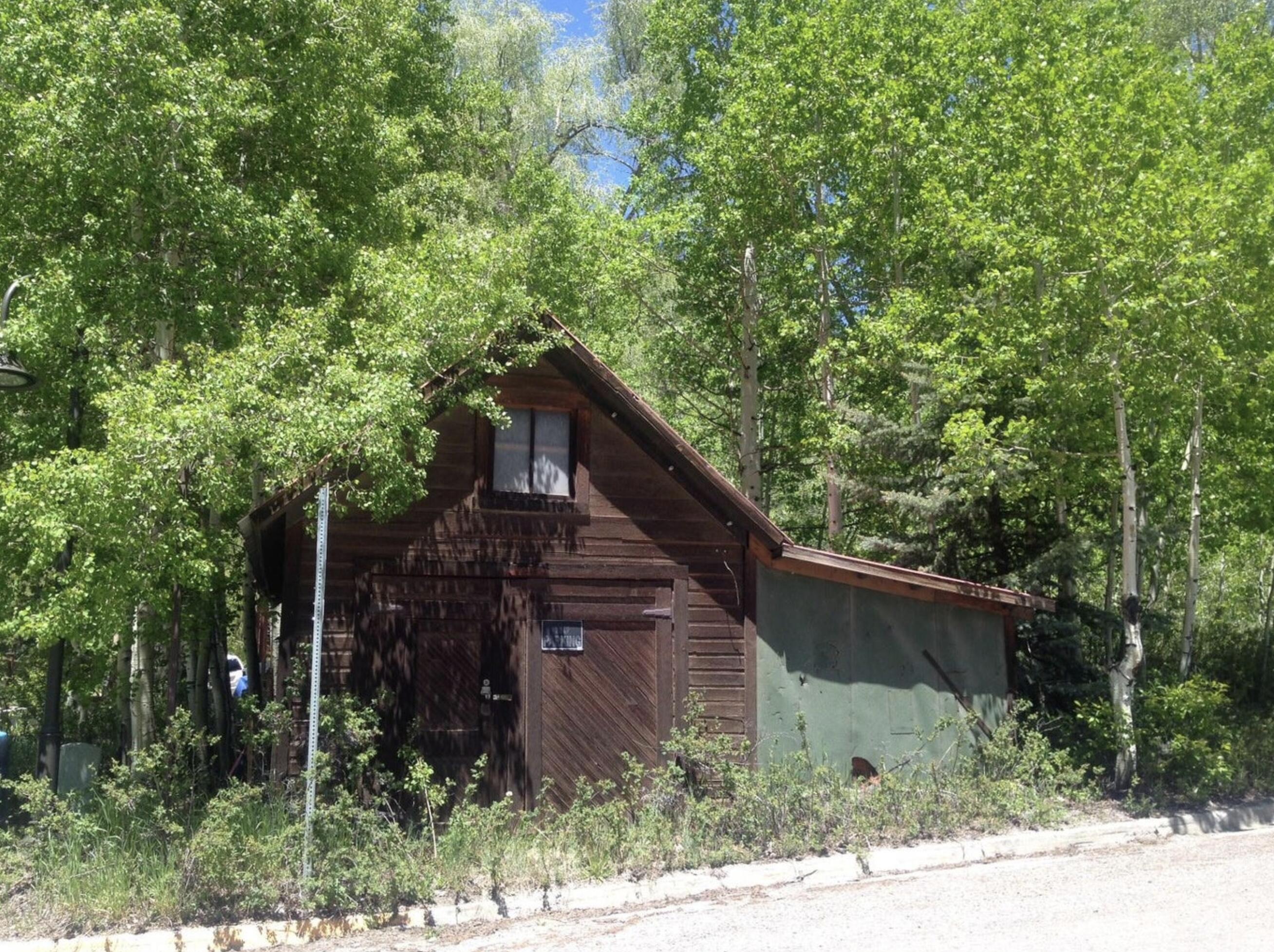 Wood-sided home with a steep gable roof, surrounded by leafy trees.