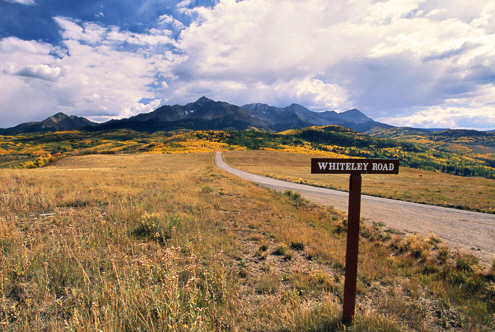 Open land along Whiteley Road, with golden autumn grasses, a gravel road, and mountain views.