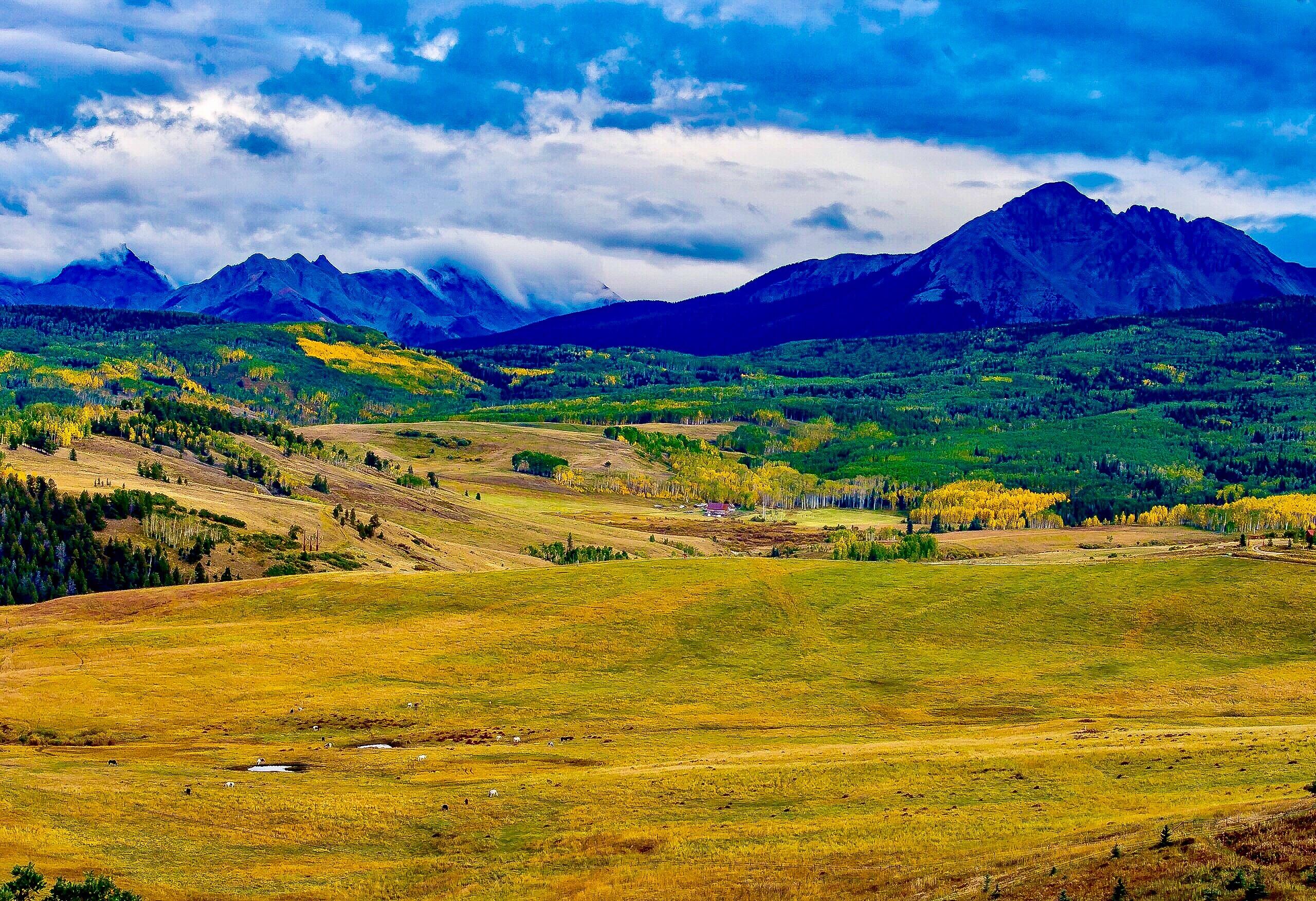 Open golden fields stretch toward forested foothills and a dramatic mountain range.