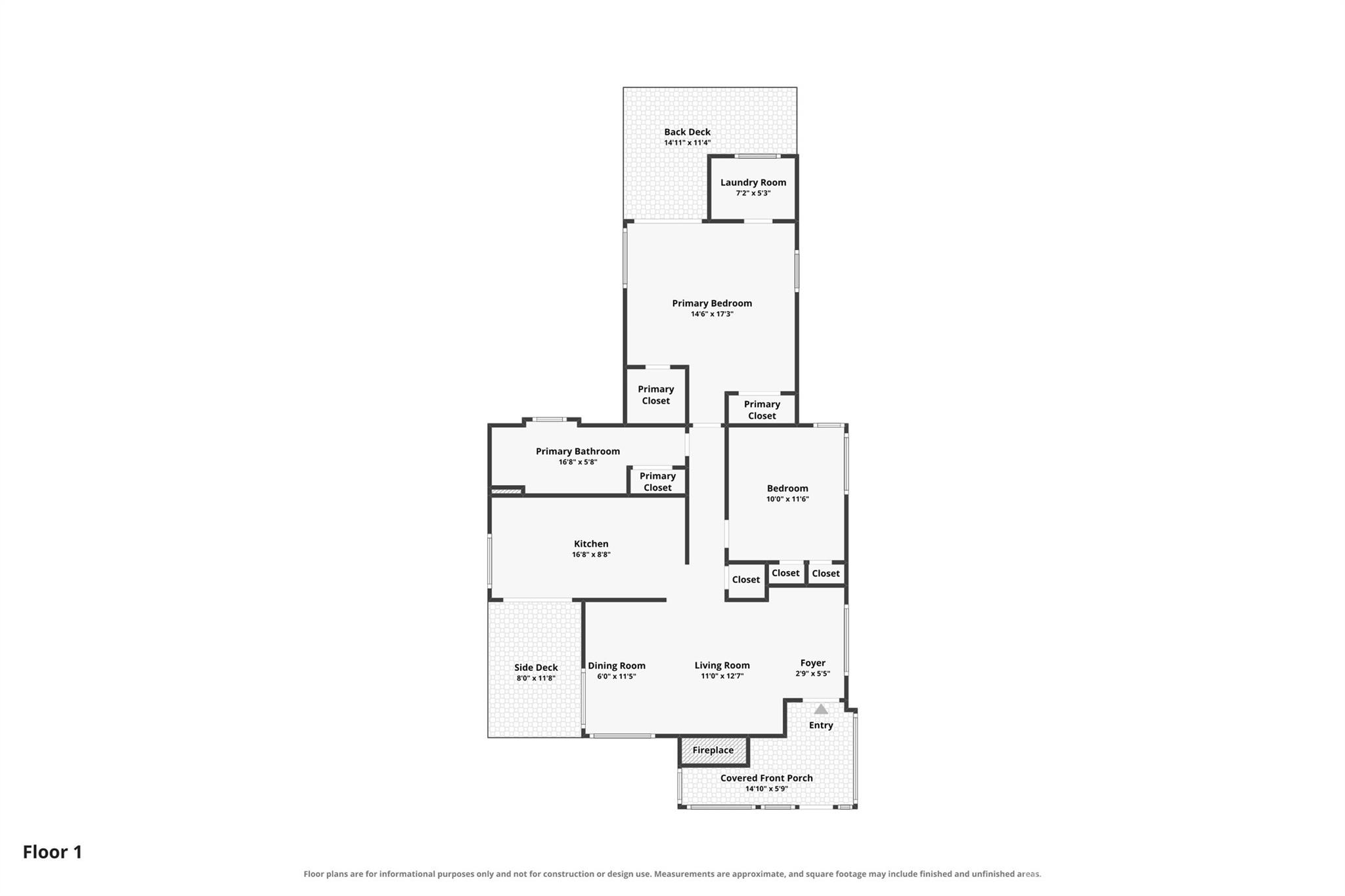 First-floor plan with two bedrooms, a kitchen, living and dining rooms, and front and back outdoor spaces.