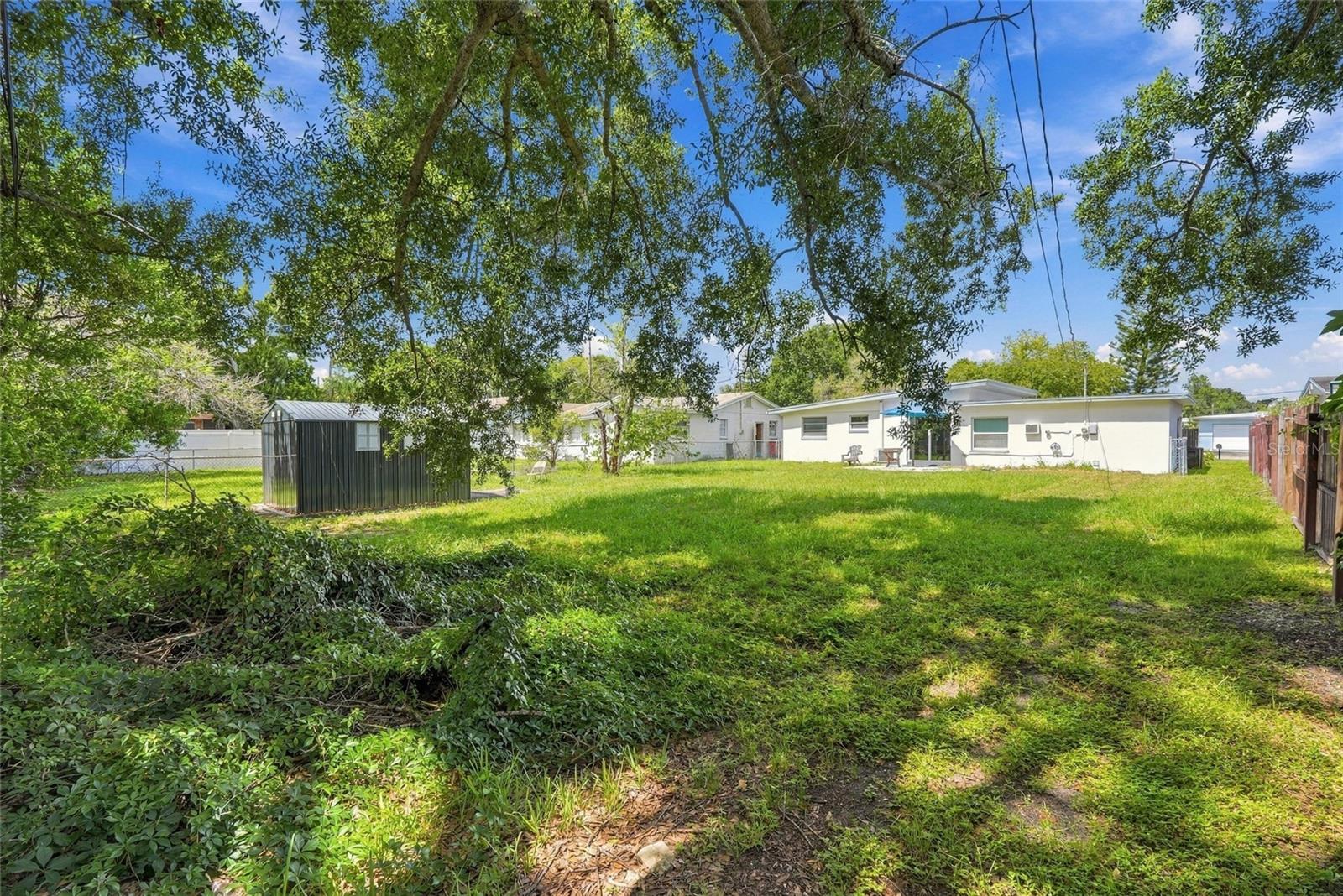 Grassy backyard with mature shade trees, a dark storage shed, and a single-story white home.
