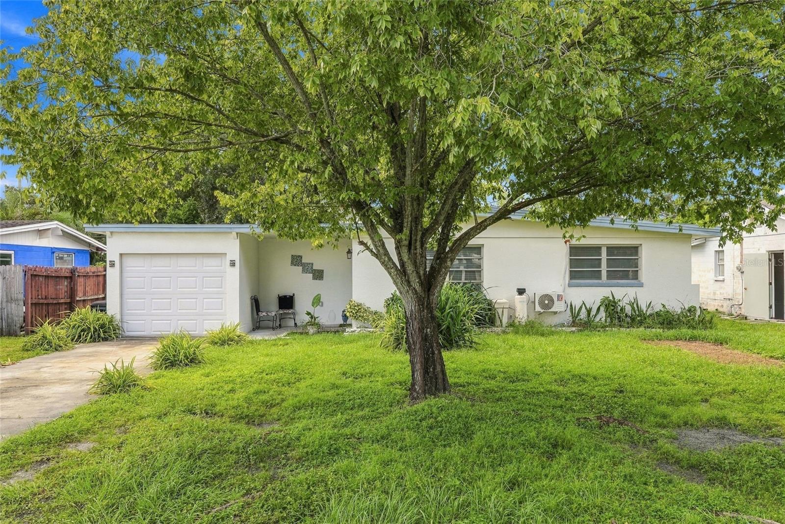 Single-story white house with an attached garage, shaded by a large tree in the front lawn.