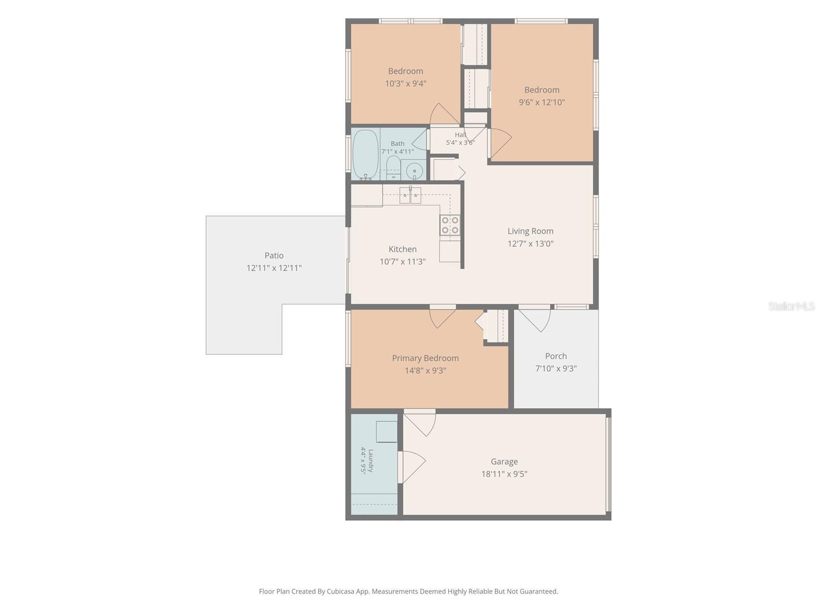 Floor plan showing three bedrooms, living room, kitchen, bathroom, garage, patio, and porch.