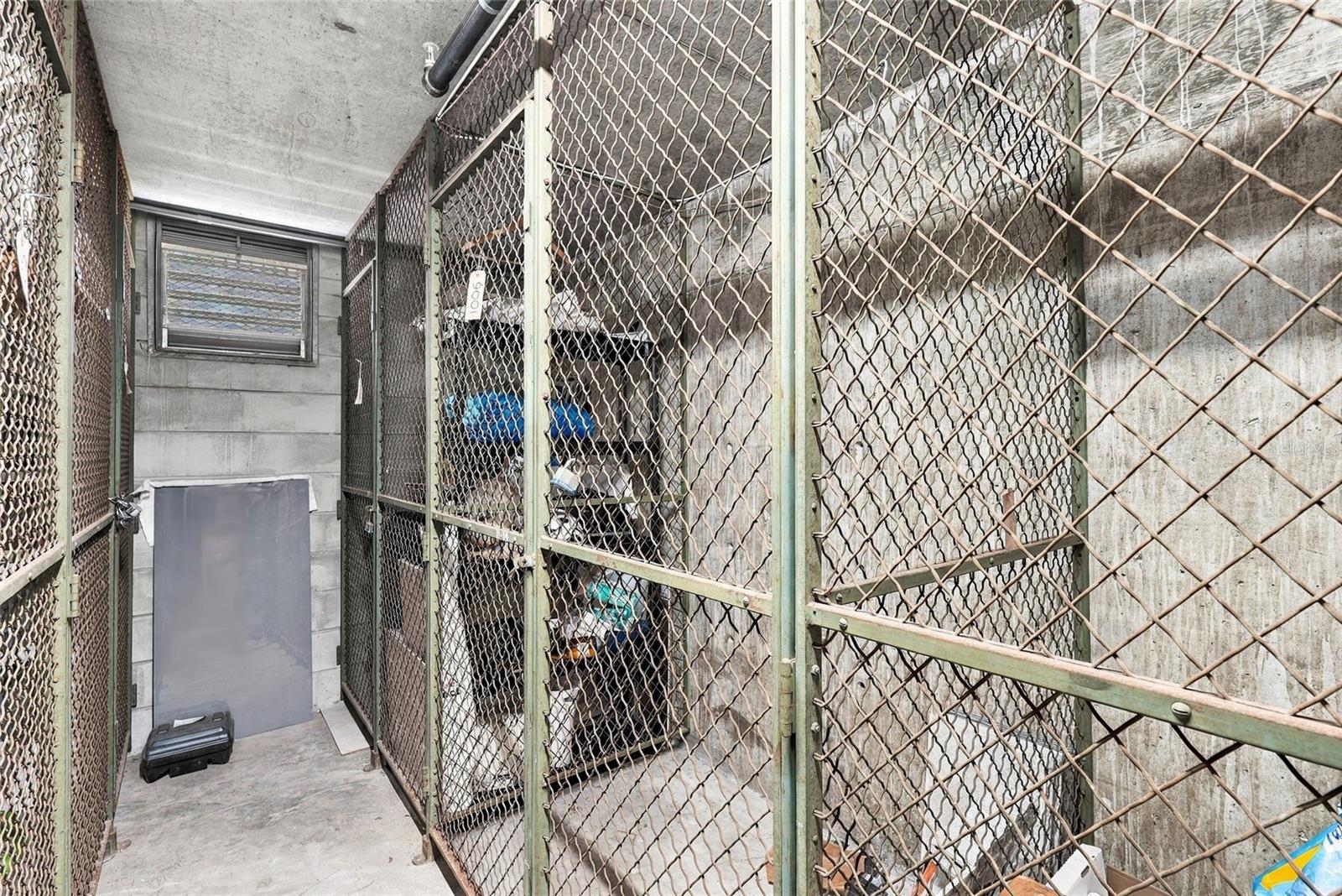 Condominium storage room with chain-link cages, stored belongings, and a cage marked 1006.