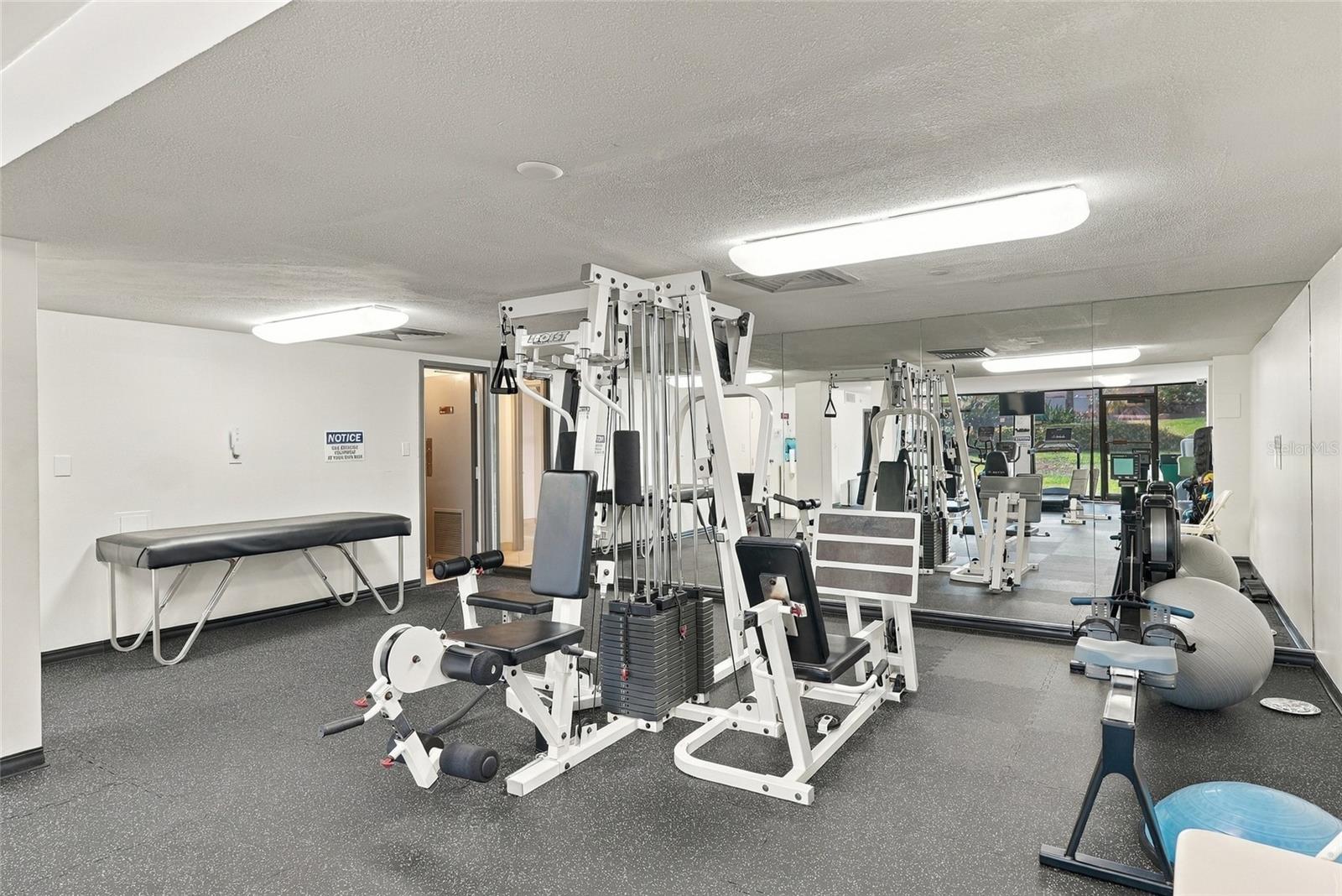 Fitness room with weight machines, treadmills, and a mirrored wall.
