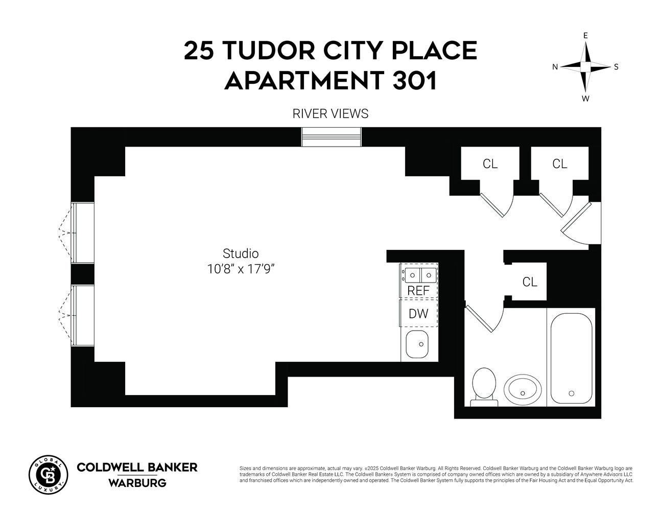 Floor plan for a river-view studio at 25 Tudor City Place, with a kitchenette, closets, and bathroom.