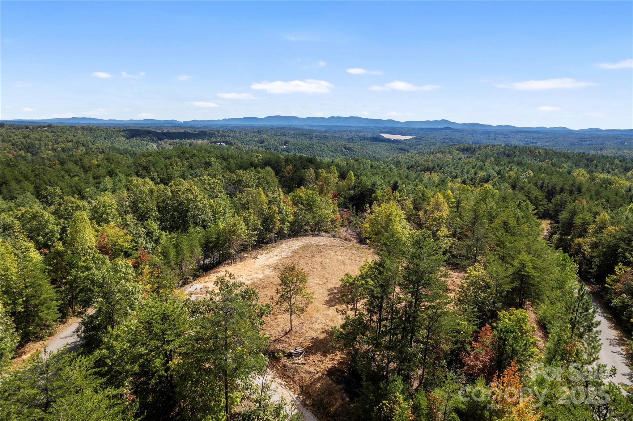 Aerial view of a forested lot with a central clearing, curving roads, and distant mountains.