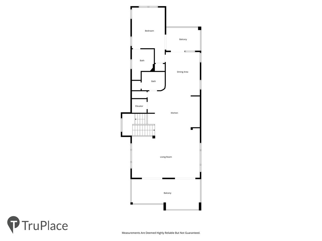 Floor plan showing a bedroom, two baths, kitchen, living room, dining area, and balconies.