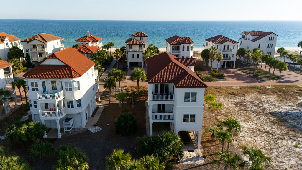 Aerial view of coastal homes along the beach, with ocean shoreline and palm trees.