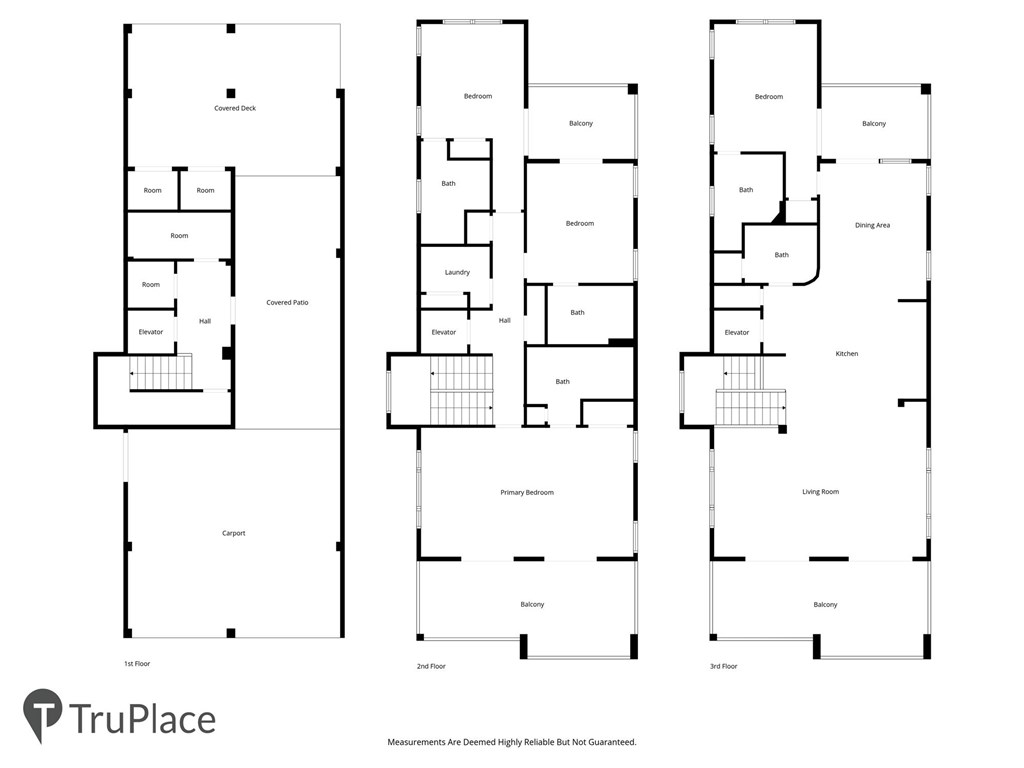 Three-level floor plan showing room layouts, bedrooms, living areas, balconies, covered deck, patio and carport.