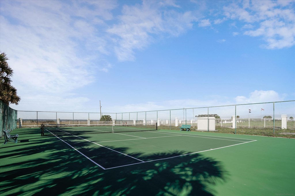 Outdoor tennis court with chain-link fencing, benches, and palm-tree shadows across the playing surface.