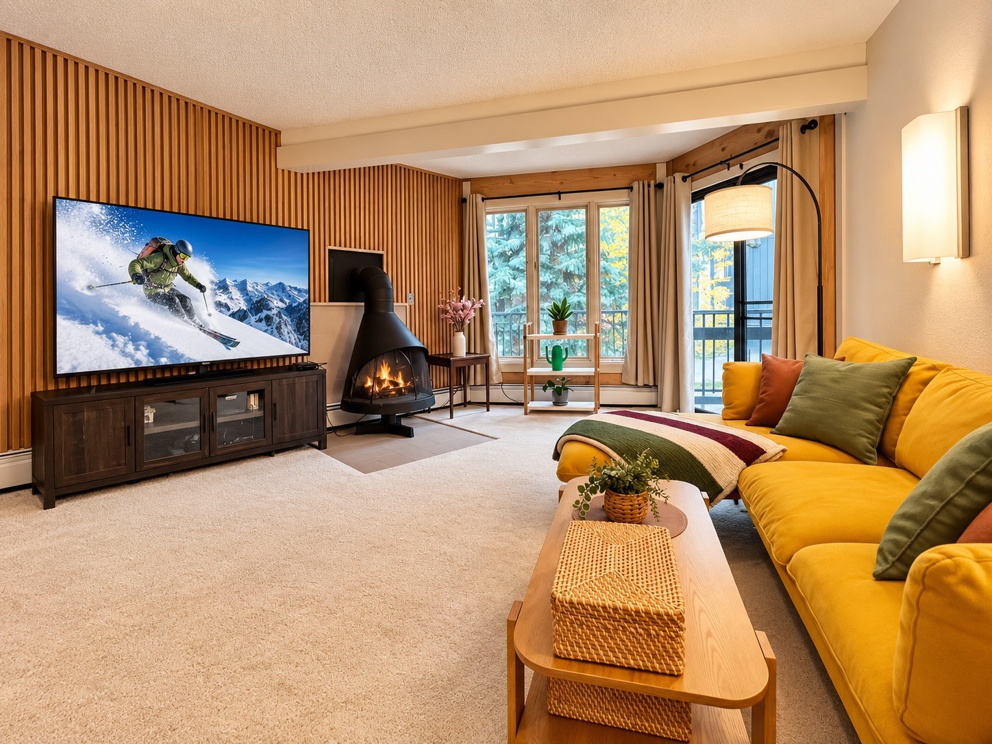 Living room with a yellow sectional, wood-slat wall, freestanding fireplace, and balcony windows.