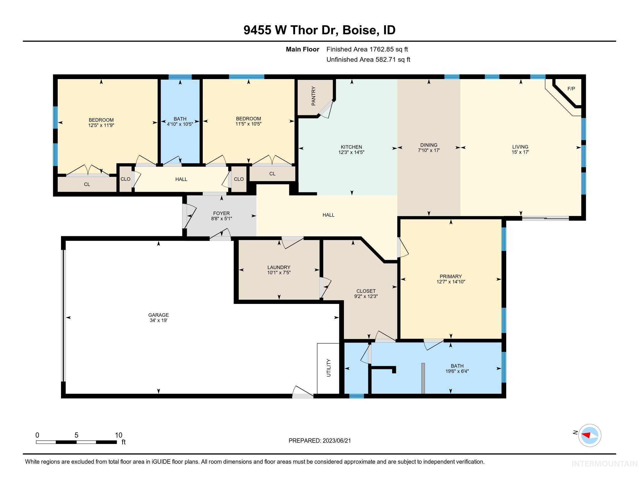 Main-floor plan for 9455 W Thor Drive, showing three bedrooms, open living areas, and a large garage.