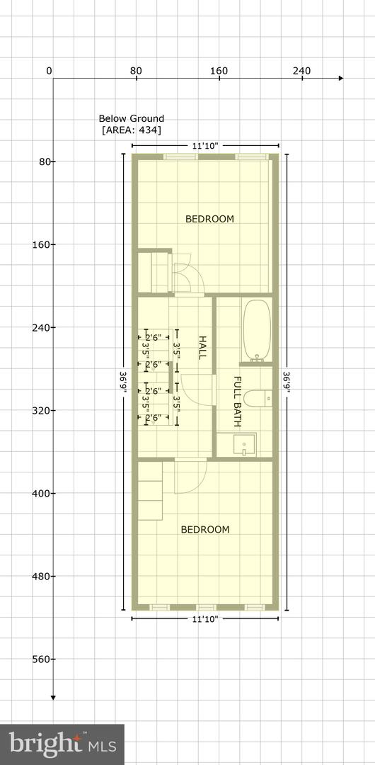 Below-ground floor plan showing two bedrooms, a hall, and a full bath.