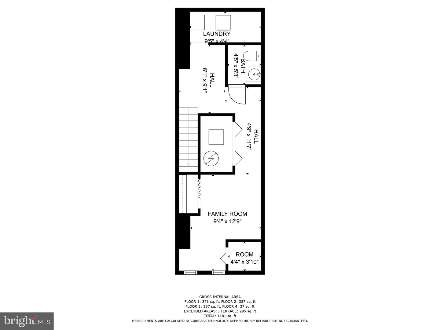 Floor plan showing a laundry room, bath, halls, family room, and room with dimensions and area totals.