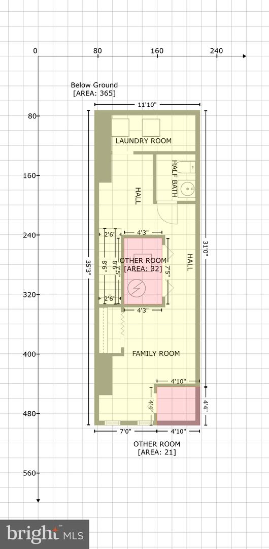 Below-ground floor plan with a laundry room, half bath, halls, family room, and two other rooms.