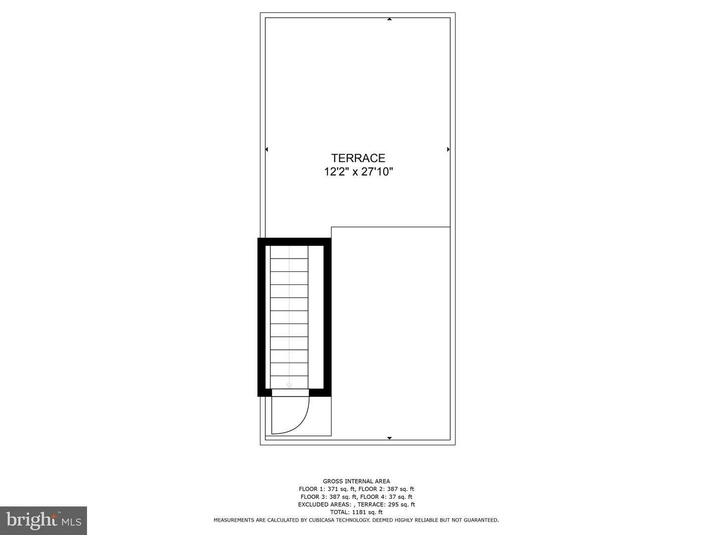 Floor plan showing a terrace, stairway, and square-footage summary.