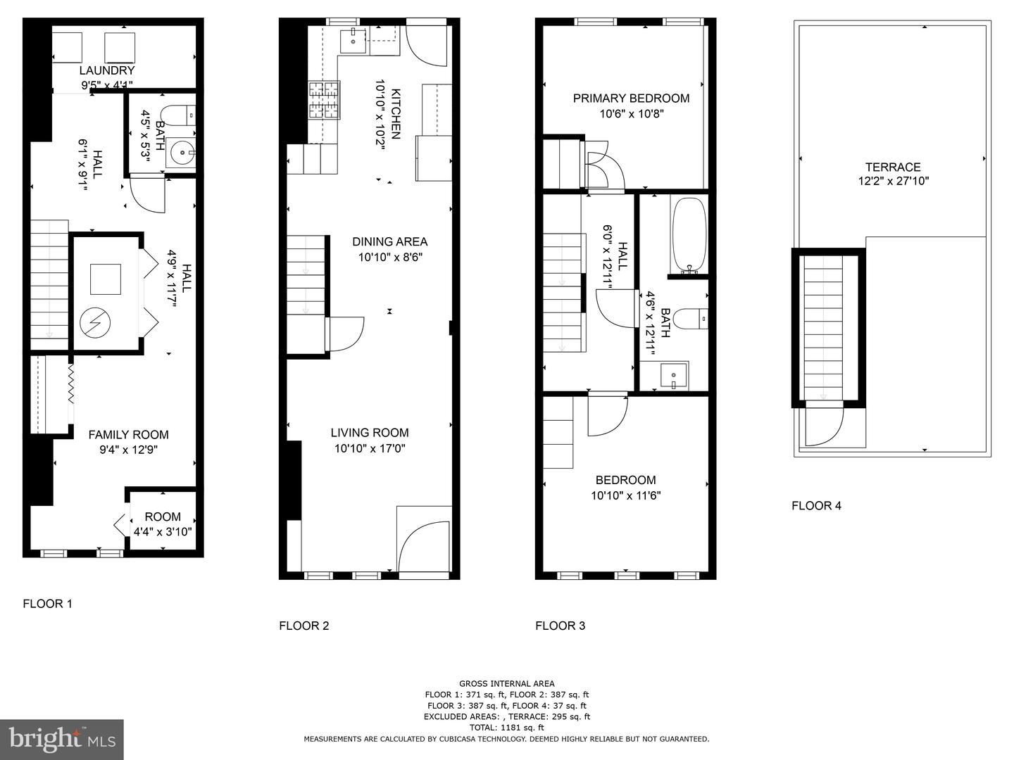 Four-floor home plan showing room layouts, dimensions, and a large roof terrace.