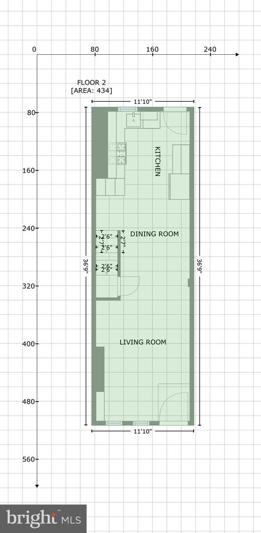 Second-floor plan with a kitchen, dining room, and living room in a narrow 434-square-foot layout.