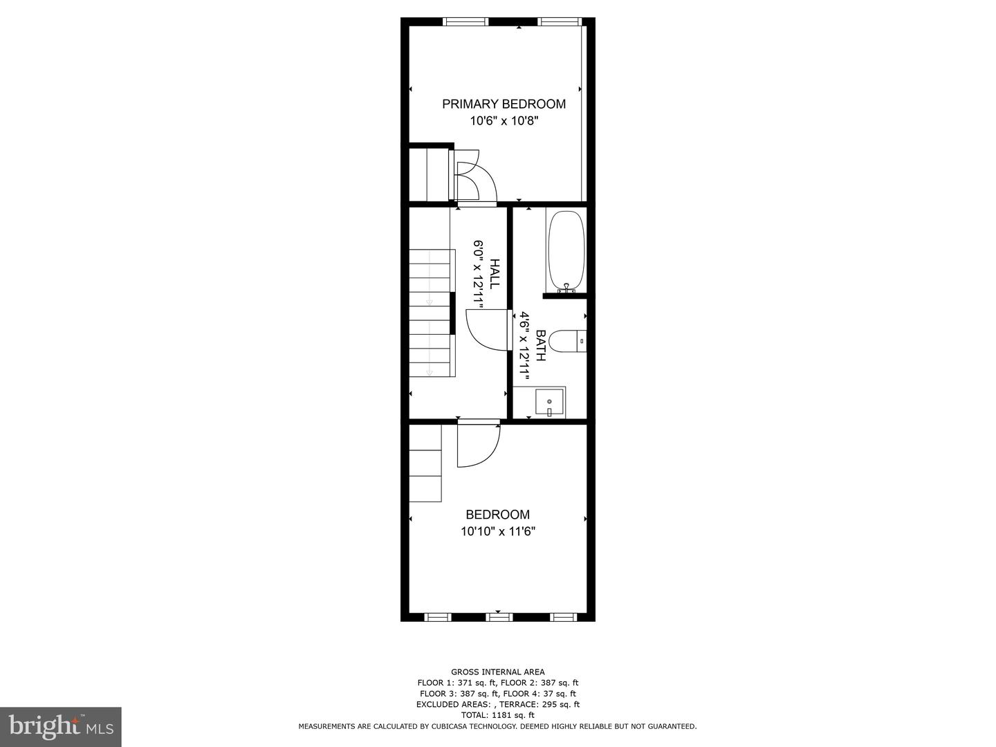 Floor plan showing two bedrooms, a bathroom, hall, stairs, room dimensions, and total area of 1,181 square feet.